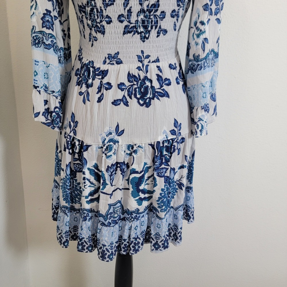 Angie Womens Boho Floral Twist Front Cutout Tiered Mini Dress Blue White Medium - Picture 10 of 12